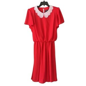 Vintage Tina Barrie New w Tag Chiffon Red Midi Dress Sz 12 Peter Pan Lace Collar